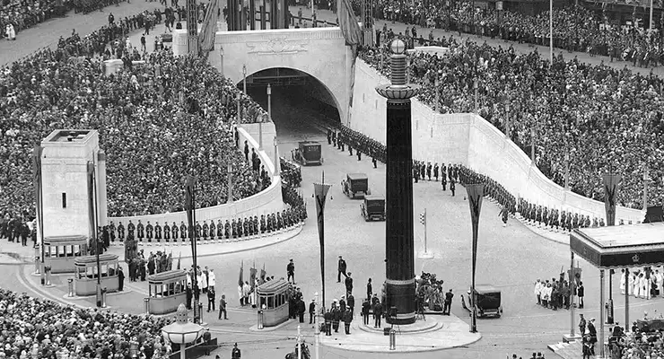 Crowds gather for the opening of the Queensway Tunnel